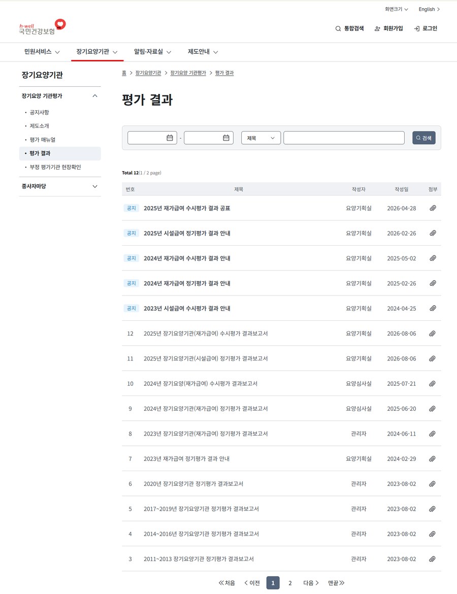국민건강보험공단 노인장기요양보험 홈페이지 장기요양기관 평가 결과 검색 화면